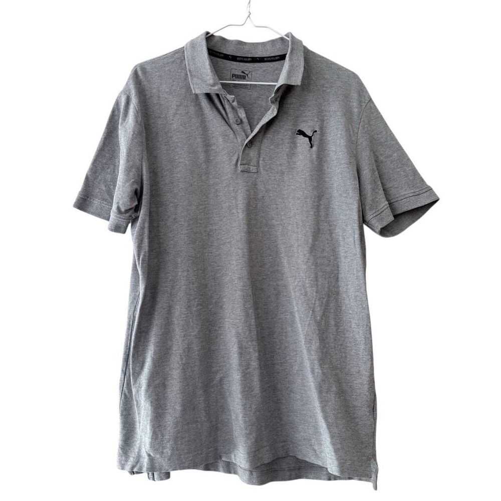PUMA Heather Collared Three Button Short Sleeve Golf Polo Shirt Gray Large